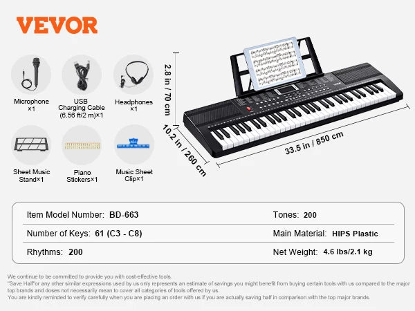 61 Key Portable Keyboard Piano 600 Tones And 500 Rhythms