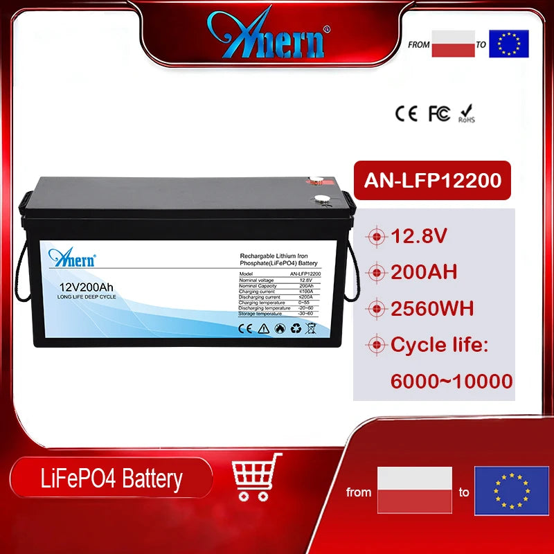 ANERN LiFePO4 Battery 12V 100Ah 200Ah Inverter Solar System