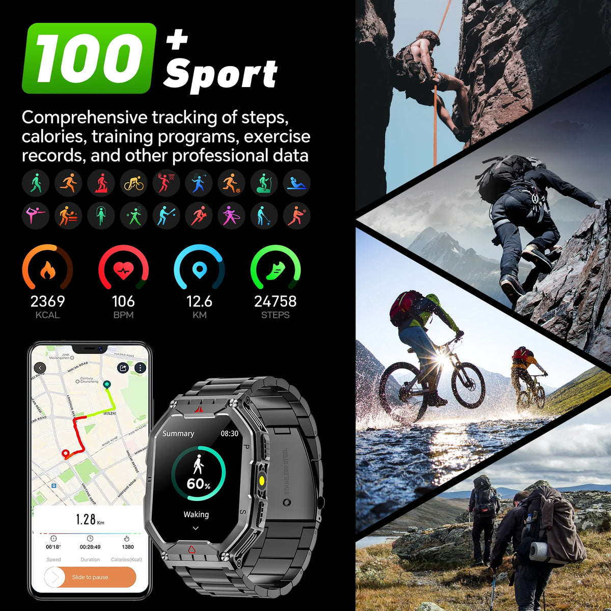 AMOLED Smartwatch With GPS Heart Rate Blood Oxygen Monitor
