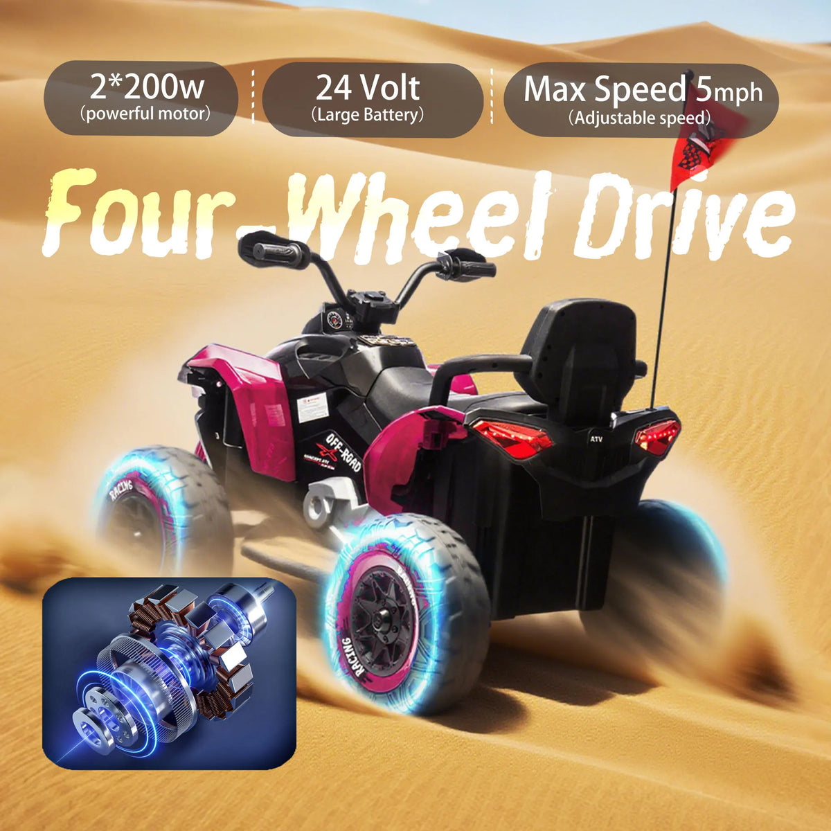 Kids 24V Ride On ATV With Remote And Bluetooth Music
