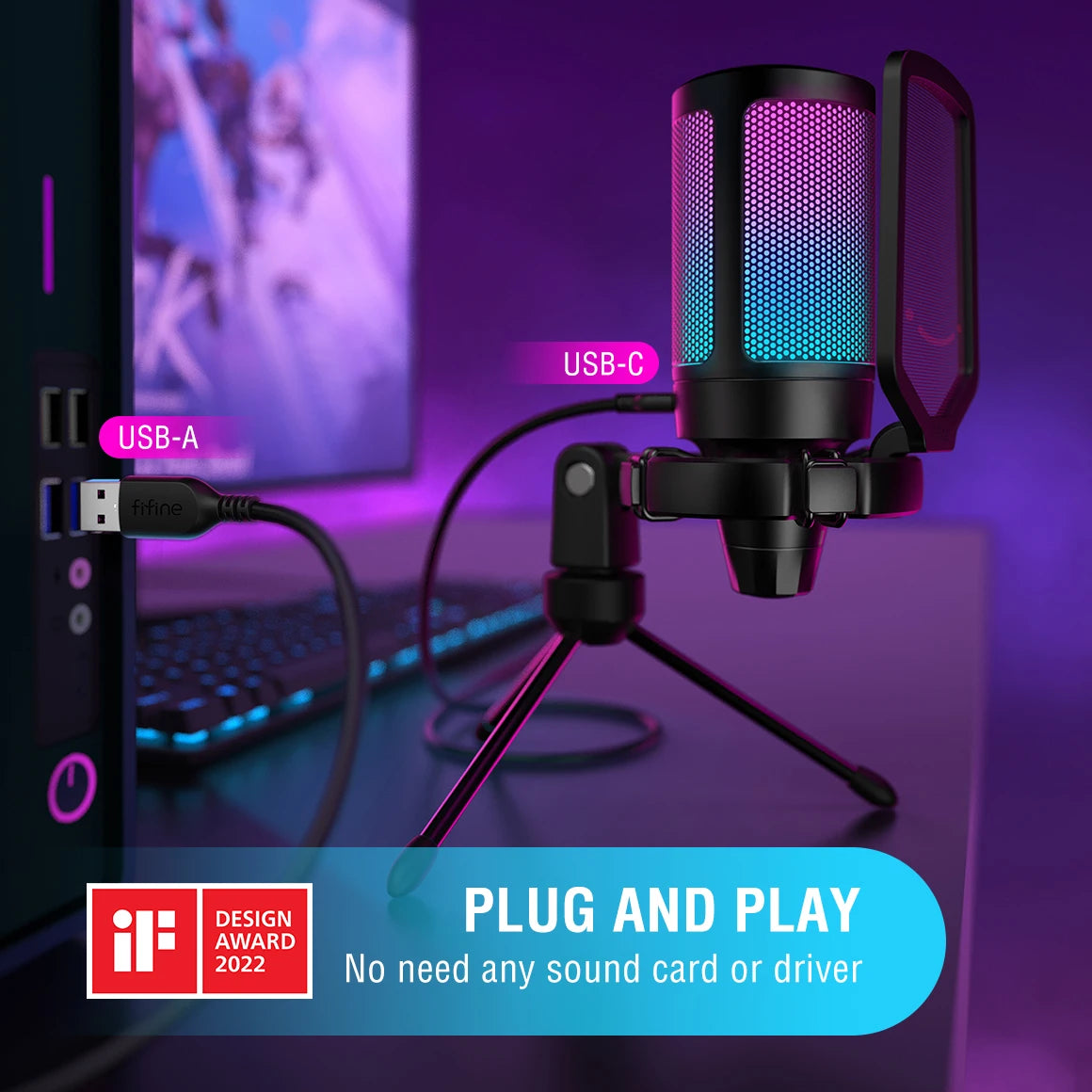 FIFINE Ampligame USB Gaming Microphone With Pop Filter And Gain