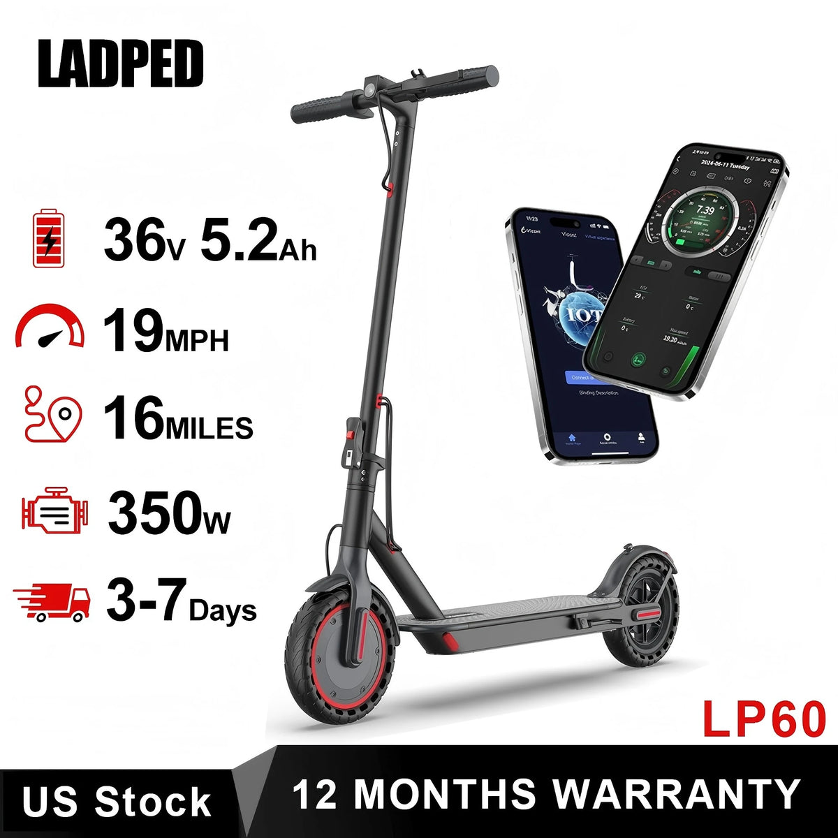 Ladped LP60 Foldable Electric Scooter 16 Mile Range 350W Motor