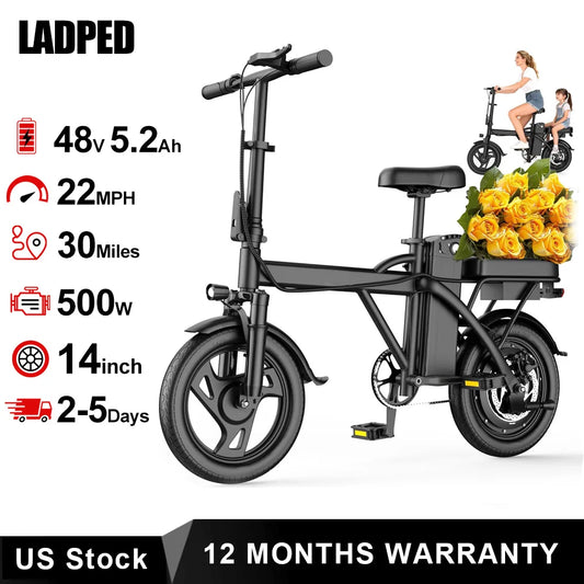 Ladped Foldable Electric Bike 500W 48V Two Seats 22 MPH