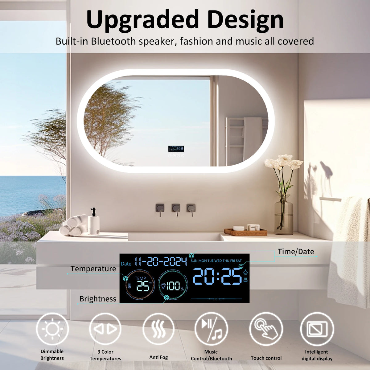 Wisfor Oval LED Bathroom Mirror Fogless Lights And Bluetooth Speaker