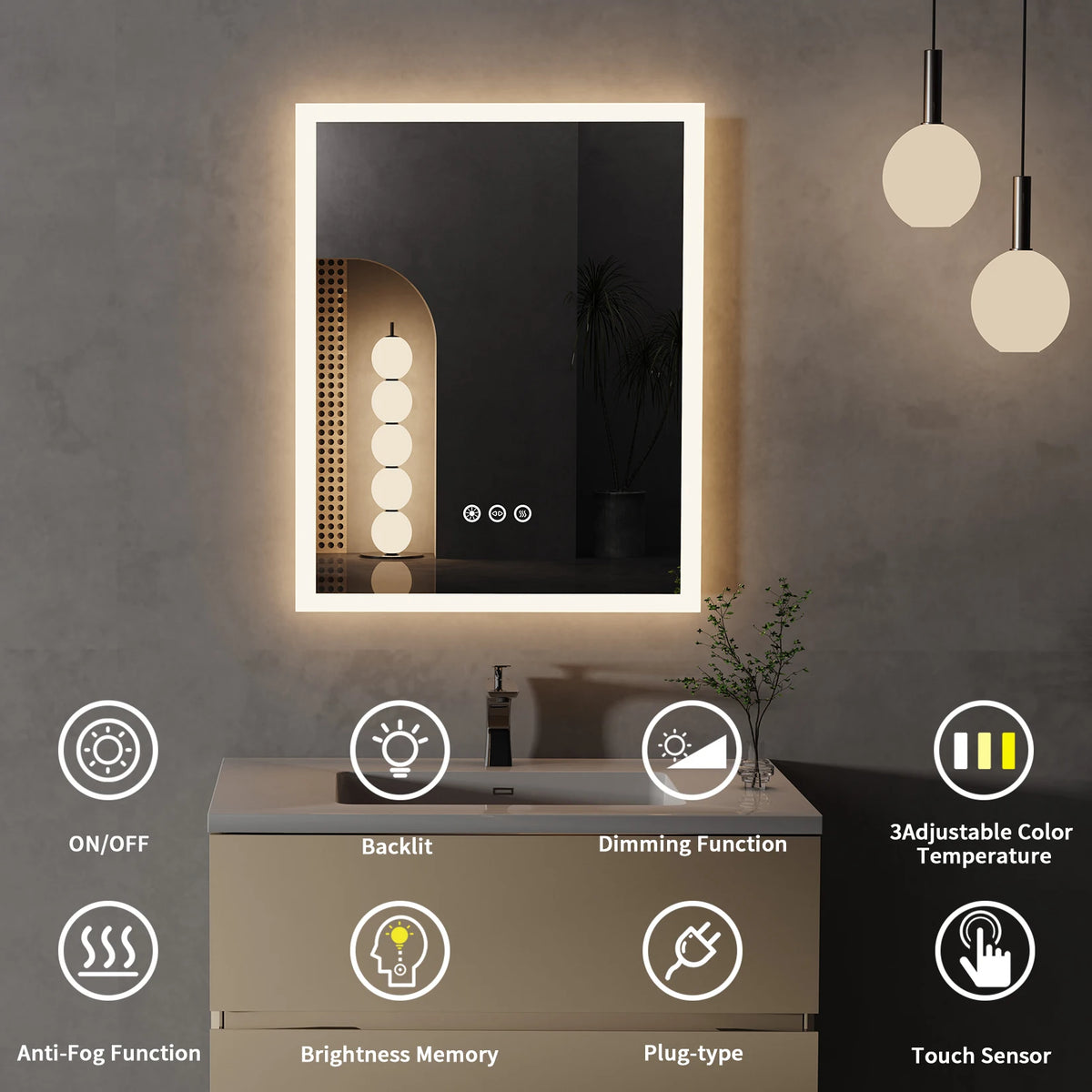 Wisfor LED Lighted Bathroom Mirror With Antifog Memory Function
