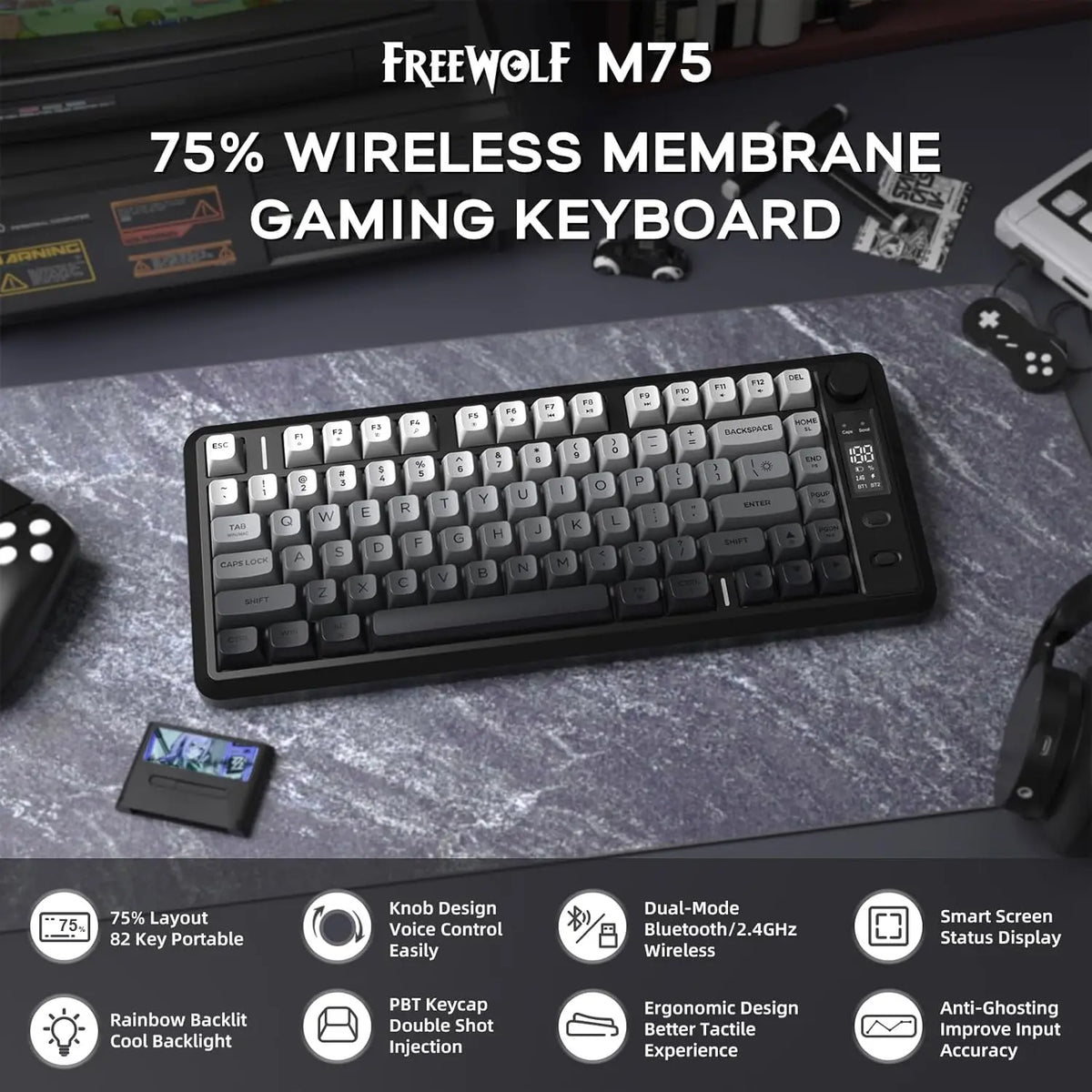 Attack Shark M75 Wireless Membrane Gaming Keyboard With Knob OLED
