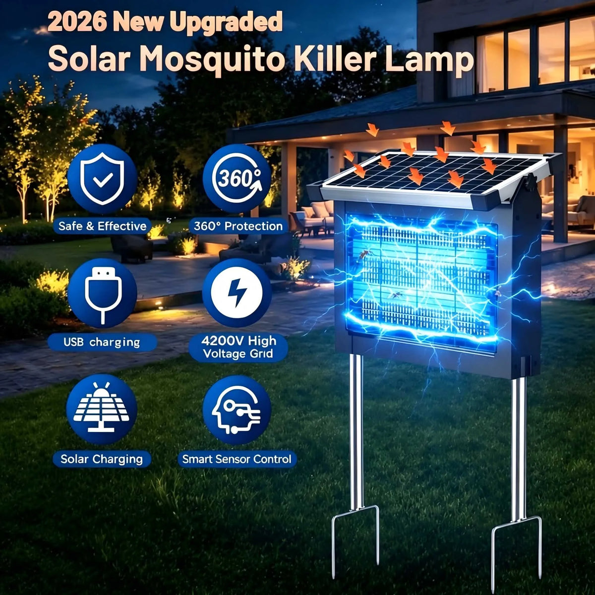 Solar Bug Zapper 4500V Outdoor Waterproof Panel Sensor Garden Patio