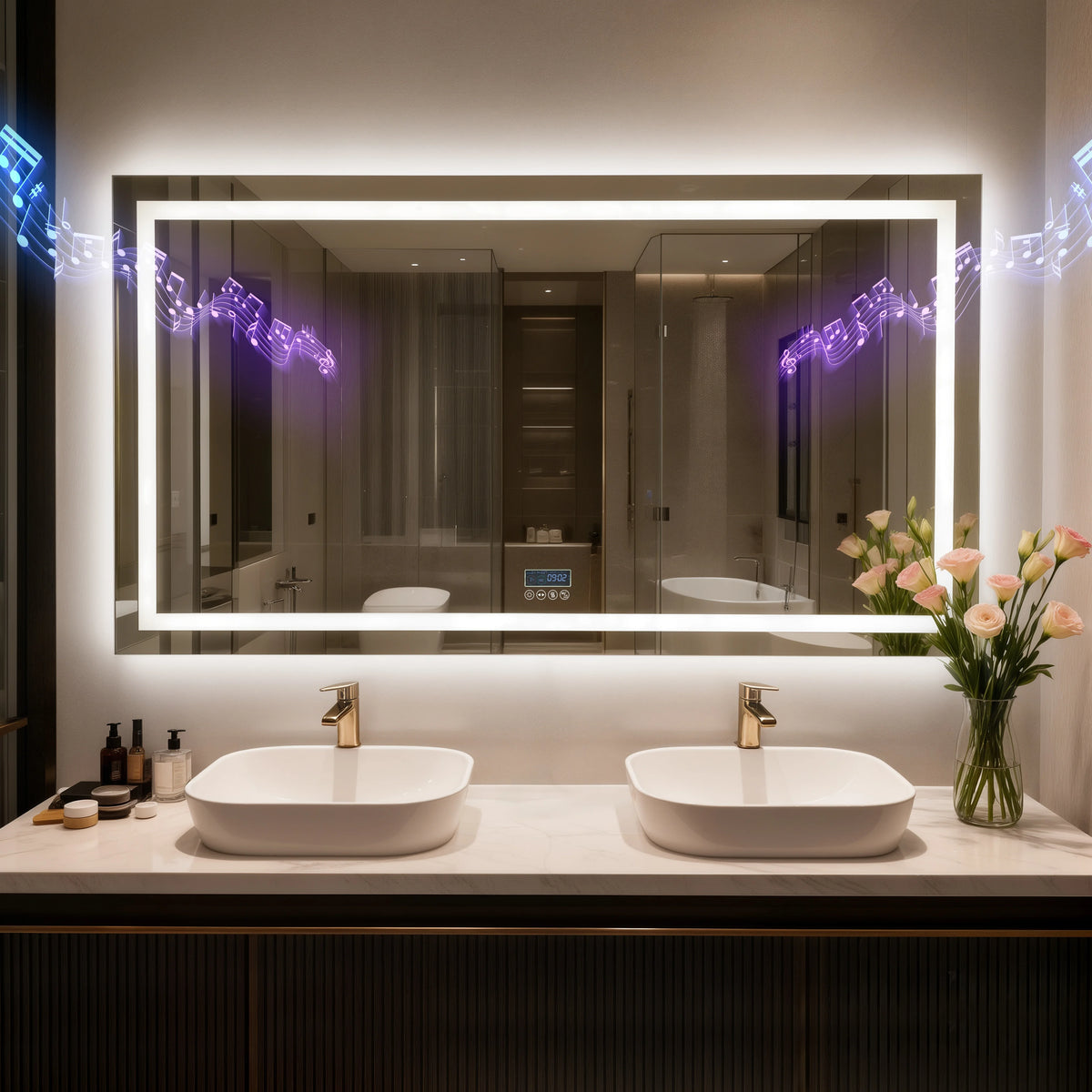 Led Bathroom Mirror With Bluetooth Speaker Antifog Backlit Dimmable Lighting