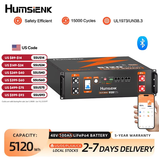 Humsienk 48V 100Ah LiFePO4 Battery Bluetooth BMS For RV