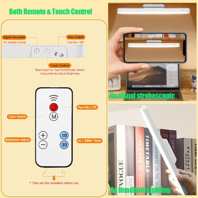 Remote LED Desk Lamp Magnetic Hanging Night Light USB Rechargeable Reading Light