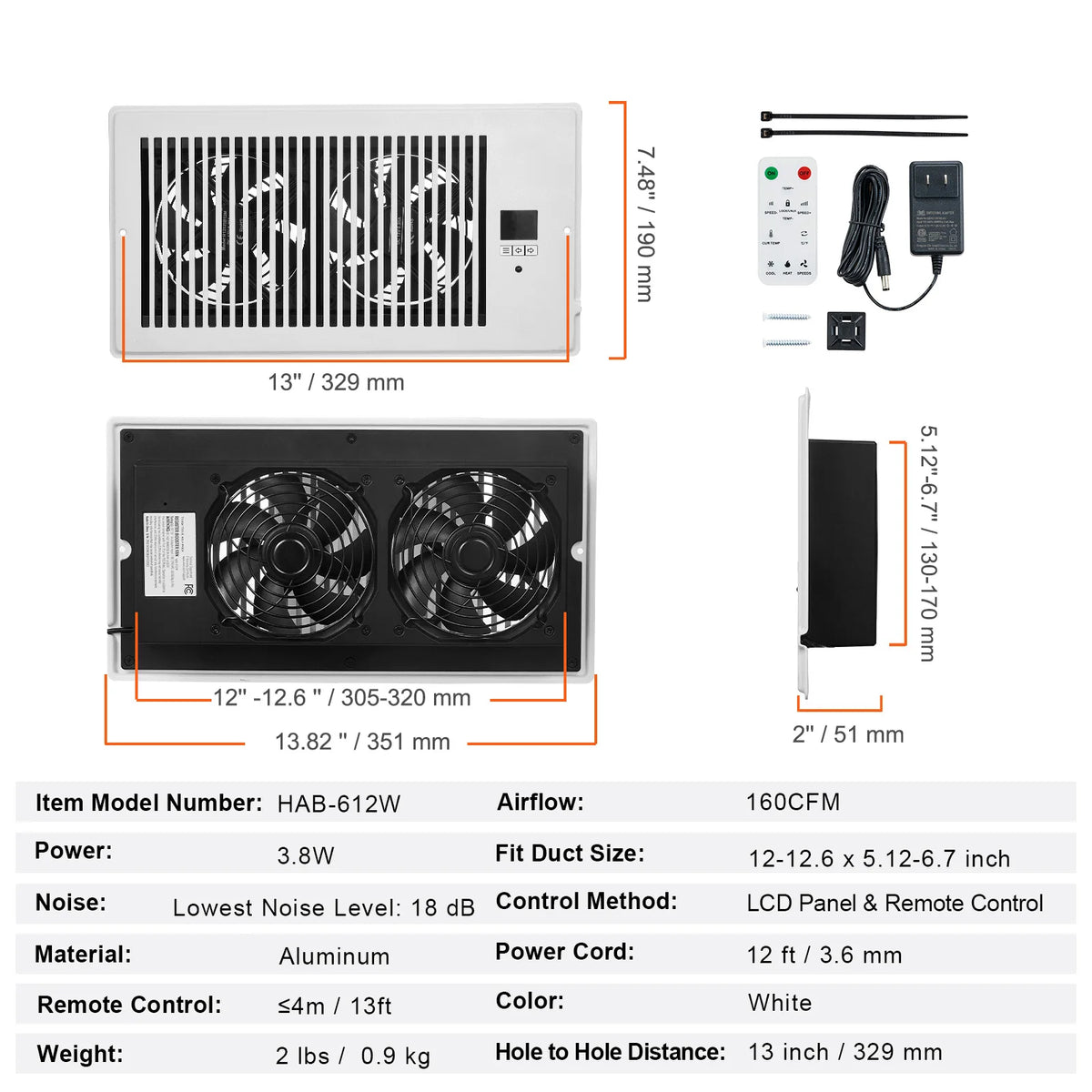 SucceBuy Register Booster Fan Quiet Vent With Remote Control Thermostat