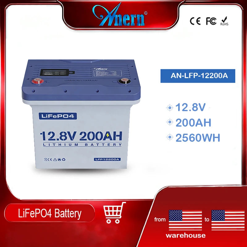ANERN LiFePO4 Battery 12V 100Ah 200Ah Inverter Solar System