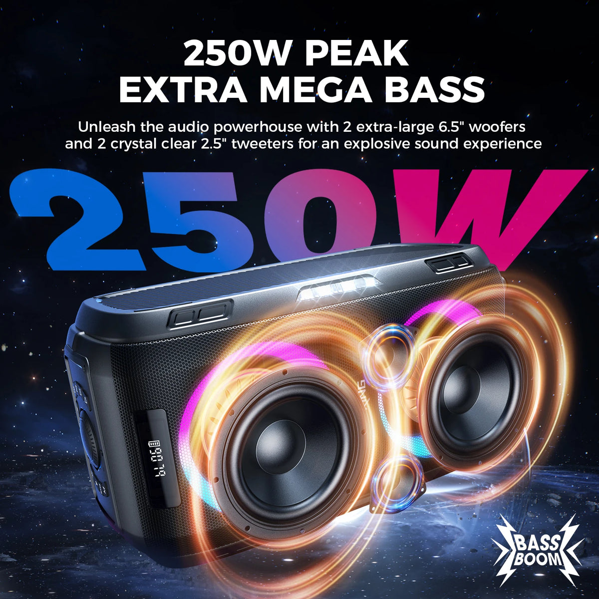 W-King 250W Peak Bluetooth Party Speaker V5.3 Loud 120dB