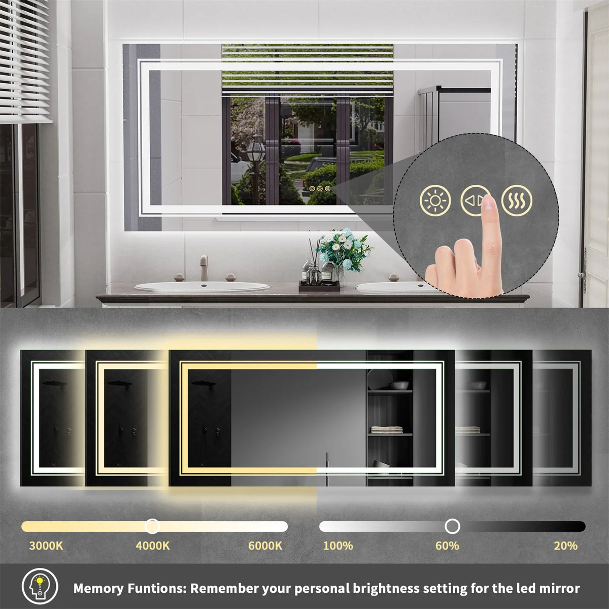 LED Backlit Bathroom Mirror With Dual Lights Anti Fog