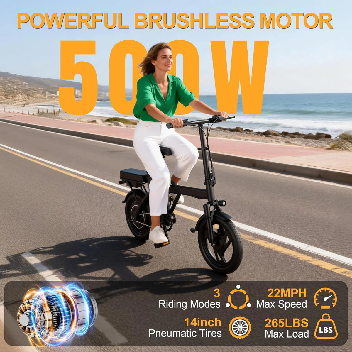 Ladped Foldable Electric Bike 500W 48V Two Seats 22 MPH