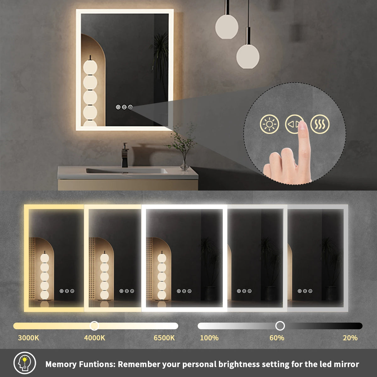 Wisfor LED Lighted Bathroom Mirror With Antifog Memory Function