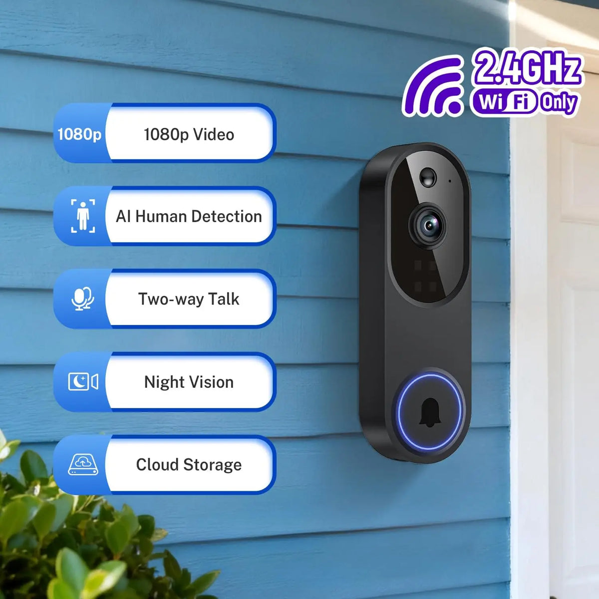 Wireless WiFi Video Doorbell With Two Way Audio AI Motion Night Vision