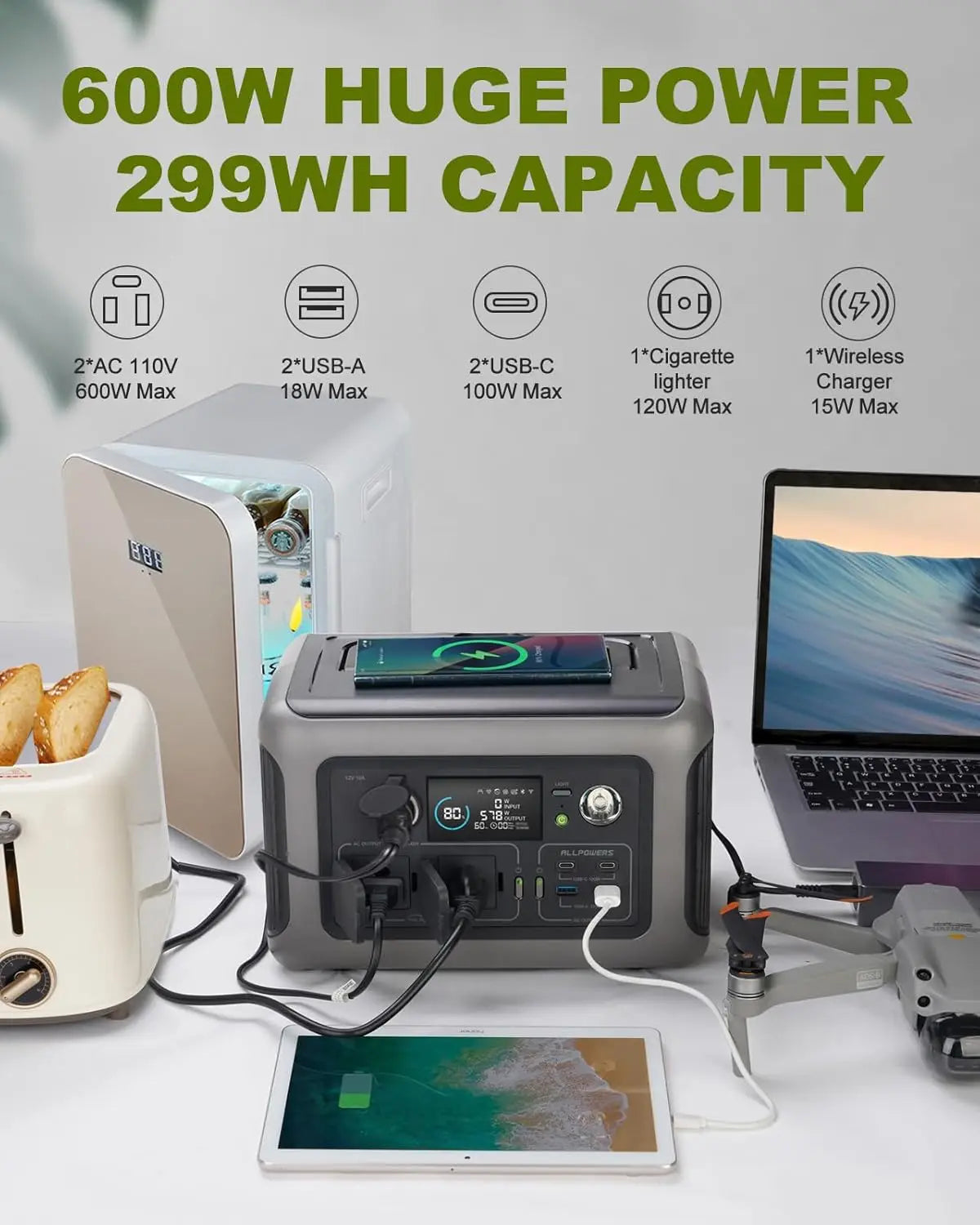 ALLPOWERS R600 Portable Power Station 299Wh 600W LiFePO4 Battery
