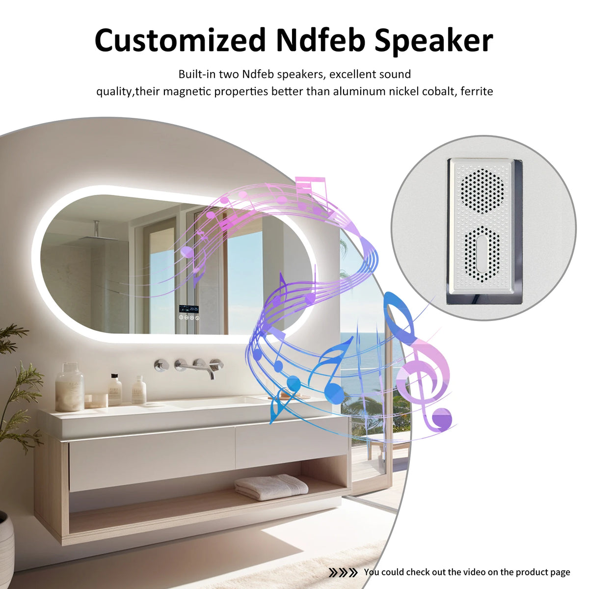 Wisfor Oval LED Bathroom Mirror Fogless Lights And Bluetooth Speaker