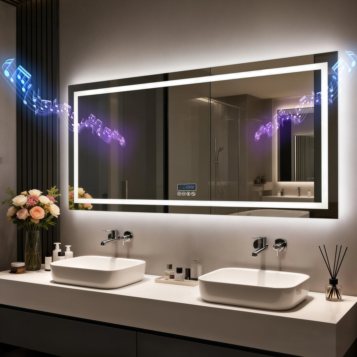 Led Bathroom Mirror With Bluetooth Speaker Antifog Backlit Dimmable Lighting