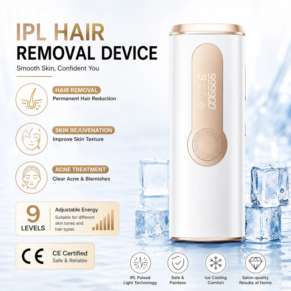 LYSMOSKI IPL Hair Removal Device With Cooling Function 999,900 Flashes 3 In 1