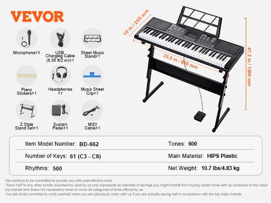 61 Key Portable Keyboard Piano 600 Tones And 500 Rhythms