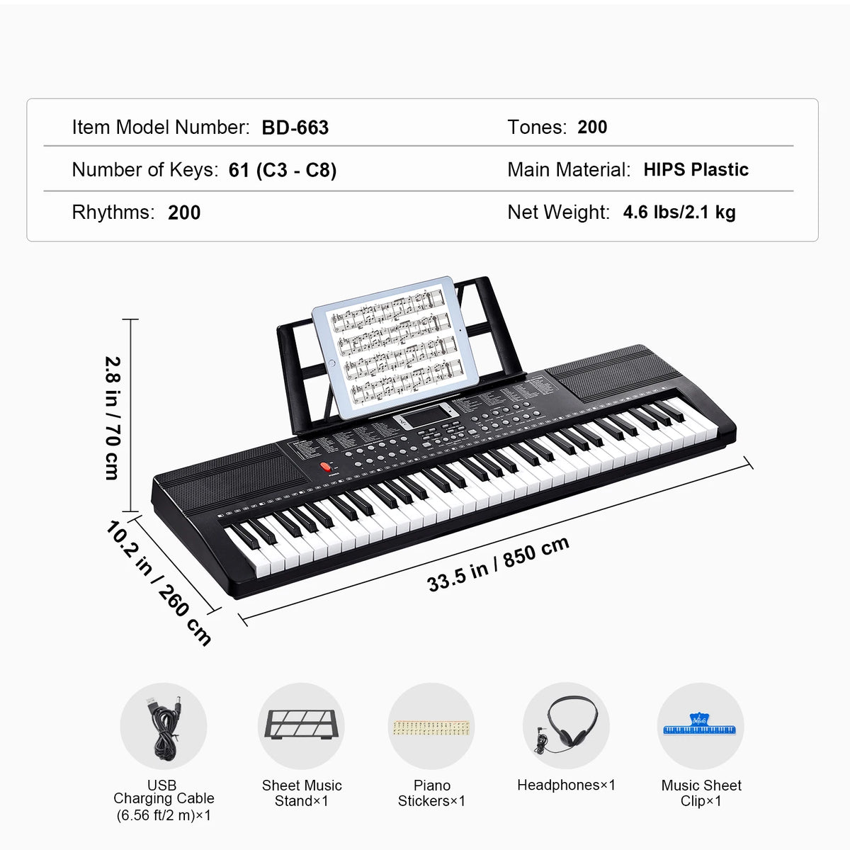 SucceBuy 61Key Digital Keyboard Piano With 200 Tones 200 Rhythms