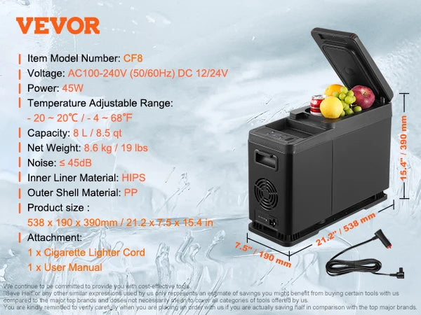 VEVOR Portable Car Refrigerator Dual Zone Bluetooth Temperature Adjustable