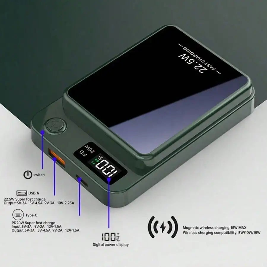 Portable Magnetic 10000mAh Wireless Power Bank LED Display