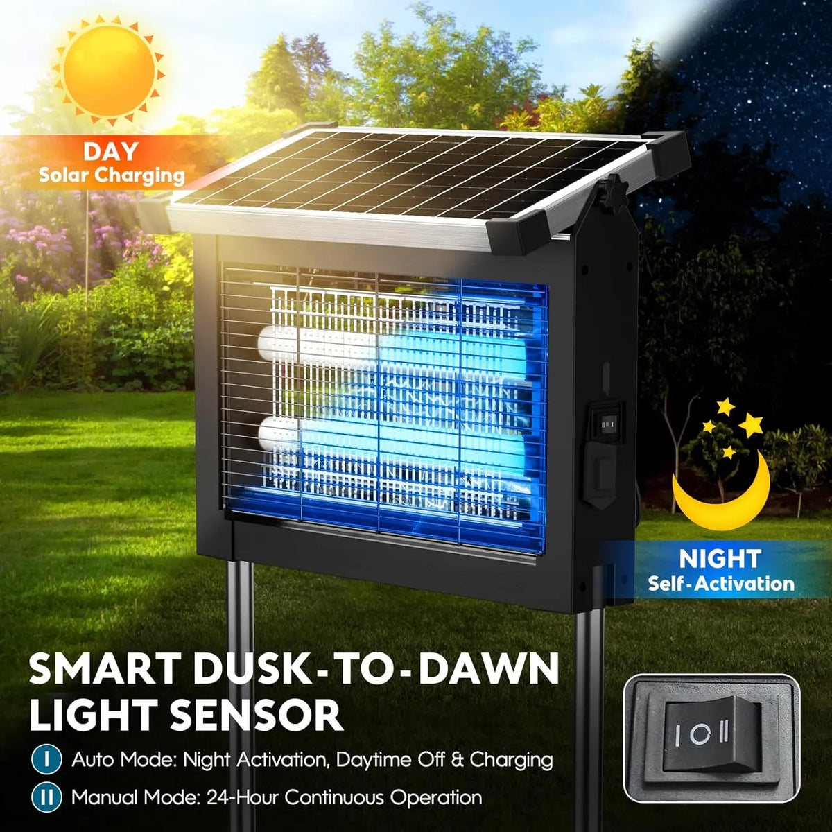 Solar Bug Zapper 4500V Outdoor Waterproof Panel Sensor Garden Patio