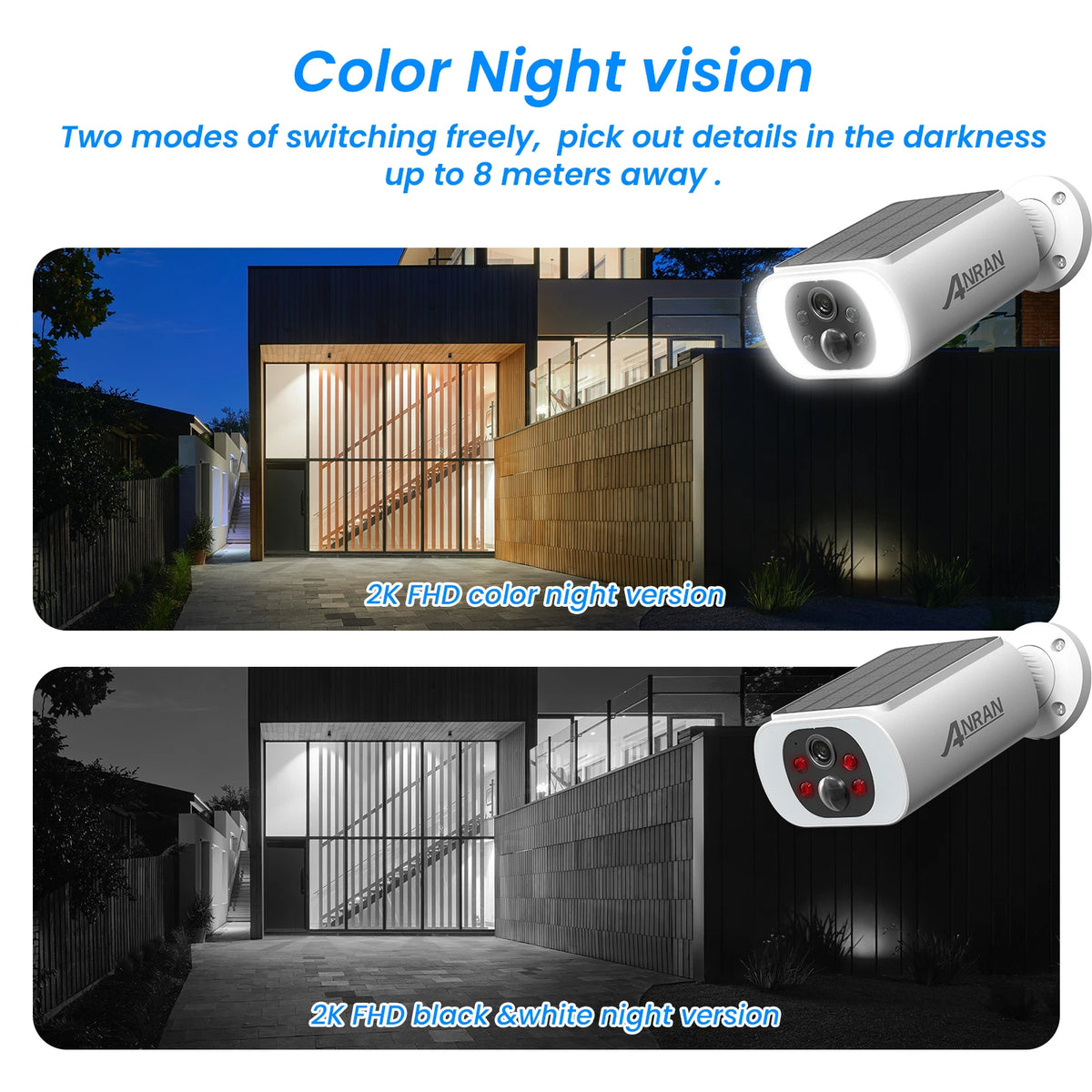 ANRAN 2K Solar Security Camera Wireless 2.4GHz WiFi Night Vision