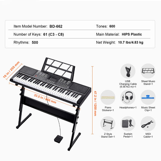 SucceBuy 61Key Digital Keyboard Piano With 200 Tones 200 Rhythms