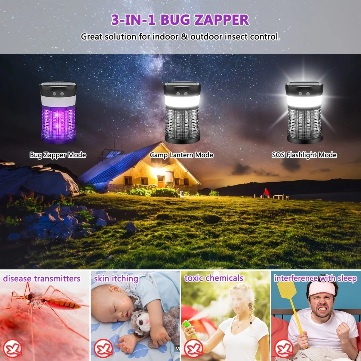 Bug Zapper Solar Mosquito Killer 3000V Rechargeable Indoor And Outdoor