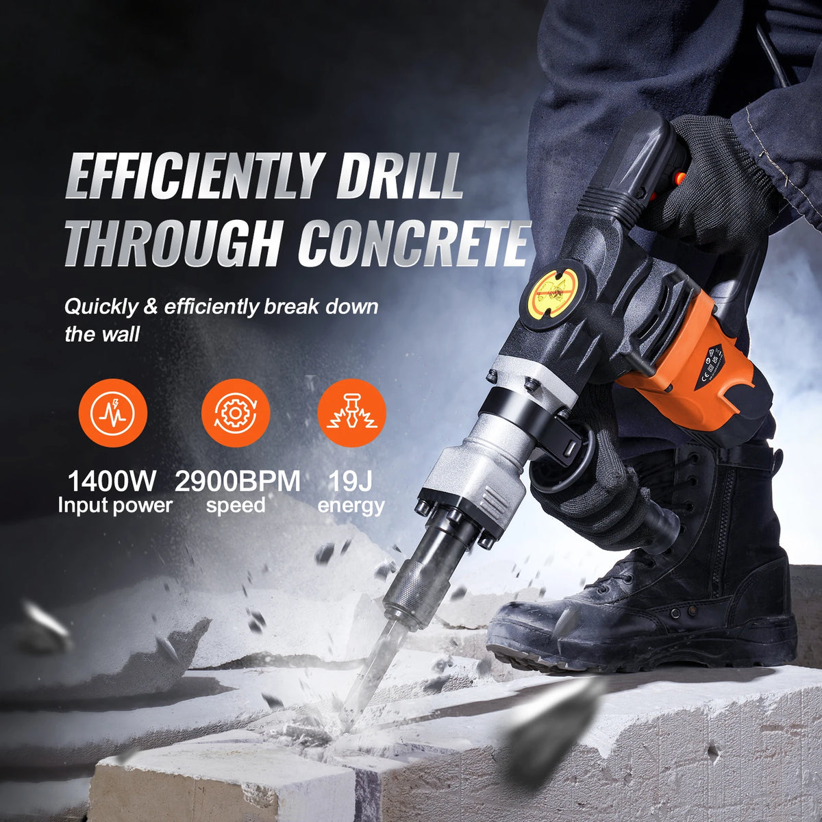 SucceBuy 1400W Electric Demolition Jack Hammer Heavy Duty 2900 BPM